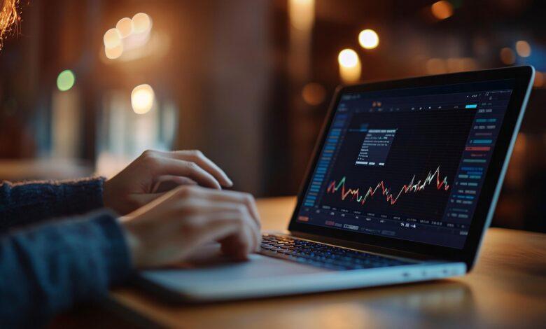 ai generated, laptop, financial, charts, stock, market, analysis, trading, business, finance, data, technology, graphs, investment, economy, work, professional, workplace, trading platform, digital, modern