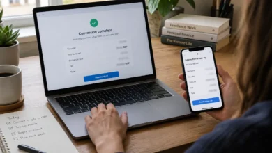 Laptop and phone illustrating separate crypto cash-out and overseas mobile top-up steps