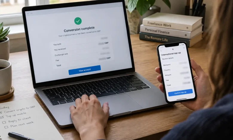 Laptop and phone illustrating separate crypto cash-out and overseas mobile top-up steps