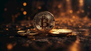 a bitcoin sitting on top of a pile of gold coins