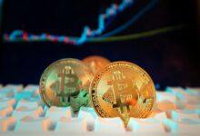 Bitcoin coins are displayed with a stock chart.