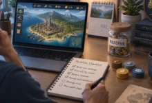 Investor using a low-stakes strategy game and written checklist to practise disciplined resource allocation