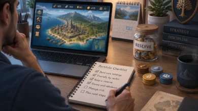Investor using a low-stakes strategy game and written checklist to practise disciplined resource allocation