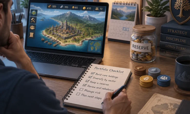 Investor using a low-stakes strategy game and written checklist to practise disciplined resource allocation